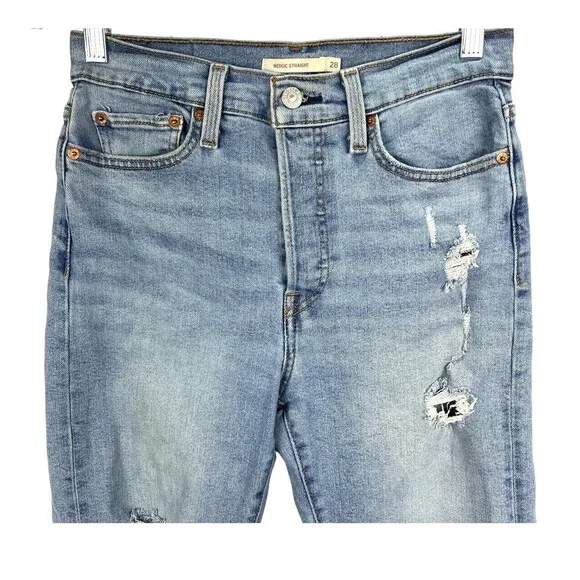 Levi Wedgie Straight Ankle Jeans Sz 28 Frayed Hem Distressed - Picture 2 of 9